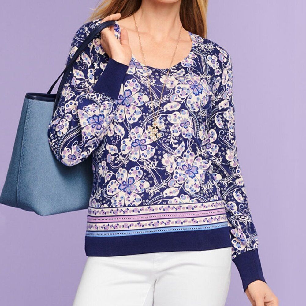 Talbots Bishop Sleeve Sweater Magic Floral Size L NEW Blue Purple Scoop Neck